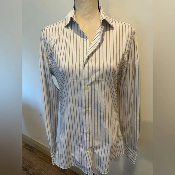 Zara Striped Button Front Dress Shirt Pin Striped Blue and White SZ S Collared - Picture 1 of 5